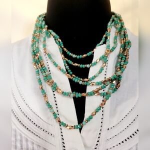 💚🩵💛 Seven Strand Acrylic Turquoise & Gold Tones Beaded Necklace